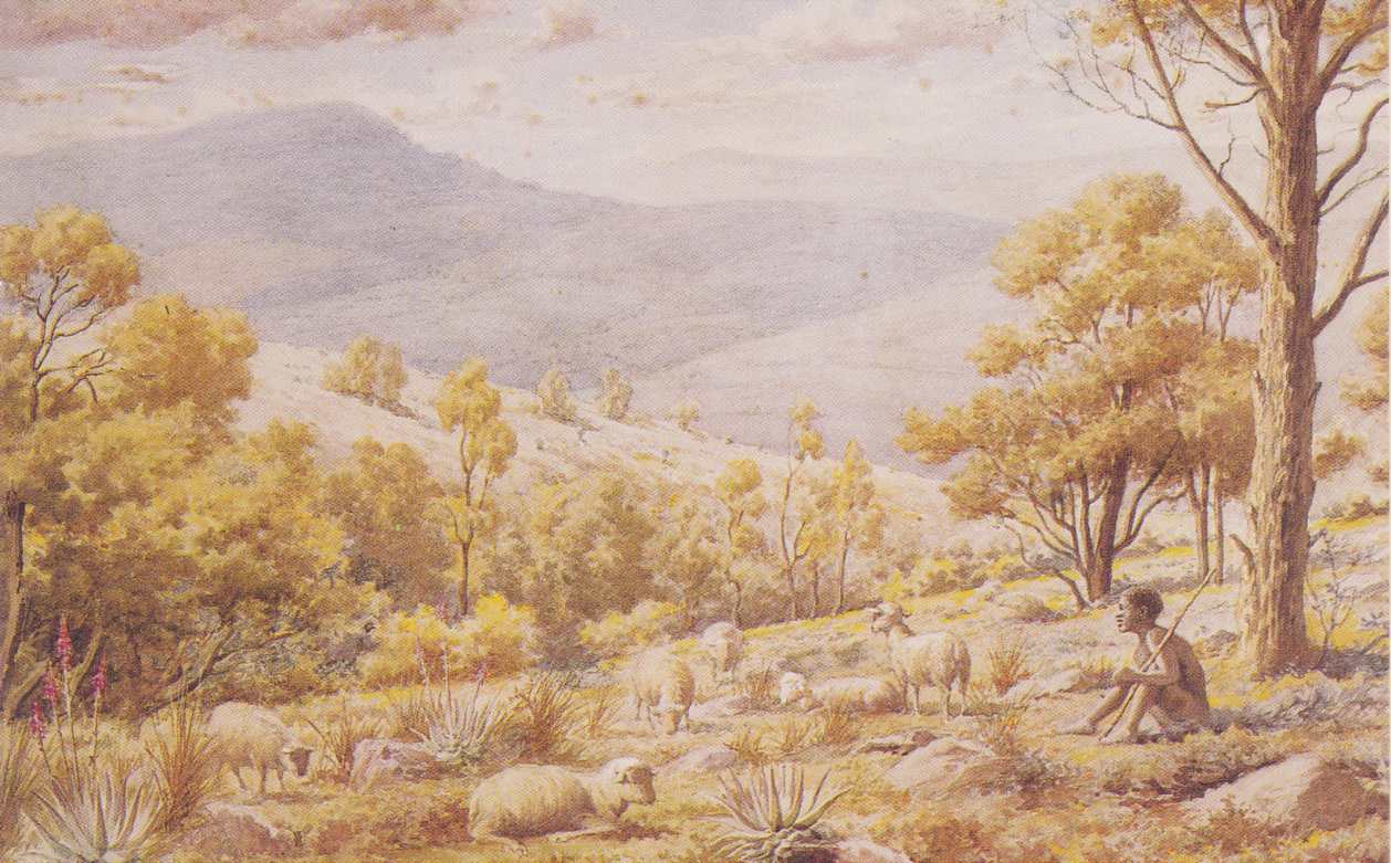 Shepherd and sheep, painted by John Roland Brown (1850-1923), Greetings Card